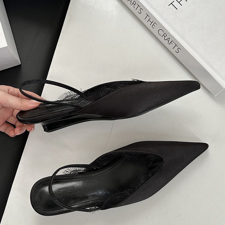 Pointed Sandals Spring Style Pointed Head Shallow Mouth Lace Edge Set Foot Anti-slip Wear-resistant Heel Shoes 250415