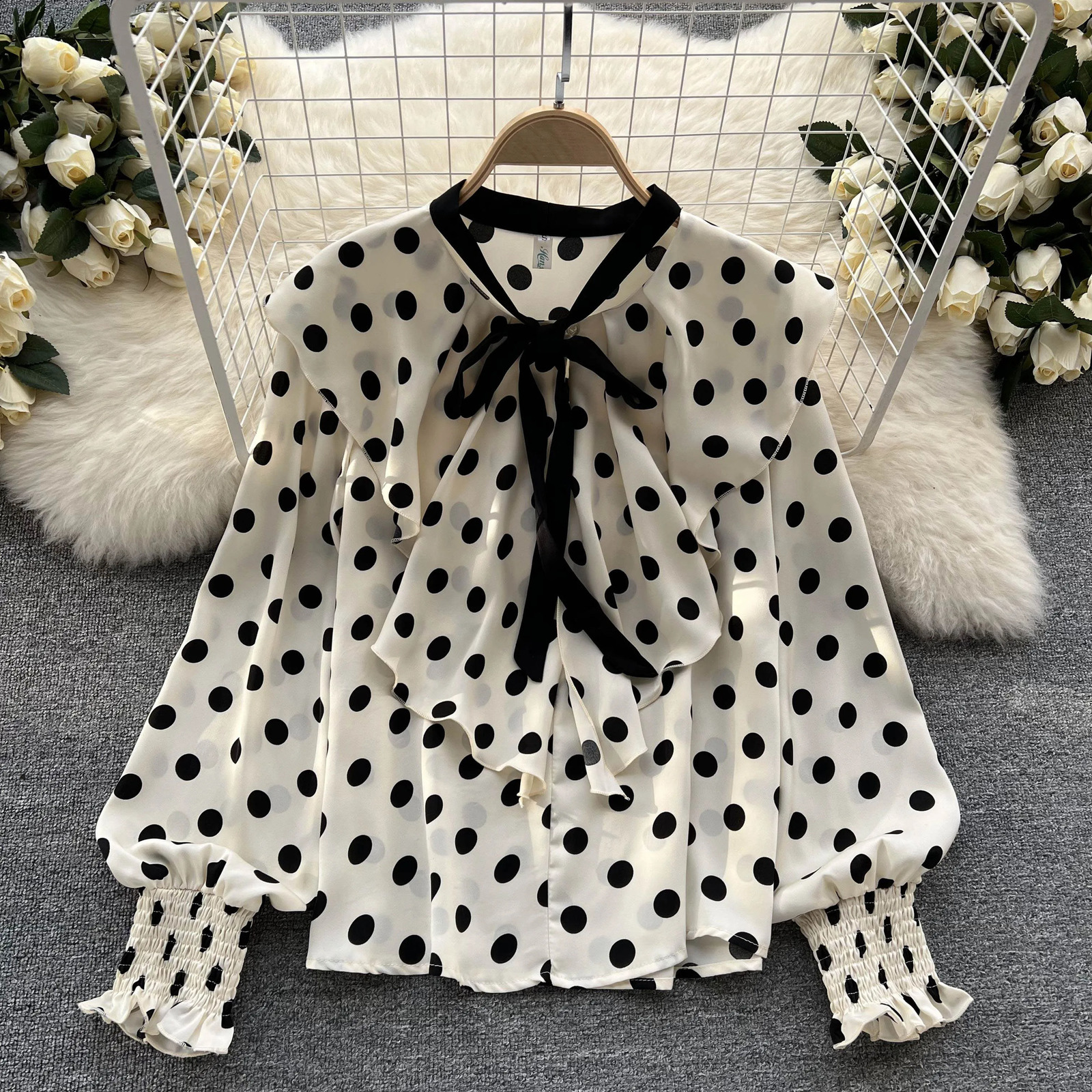Vintage Polka Dot Long Sleeve Ruffle Casual Slim Sexy Shirt Chic Thin Tees Women Harajuku Streetwear Spring Fashion Crop Top 260618 - view 3