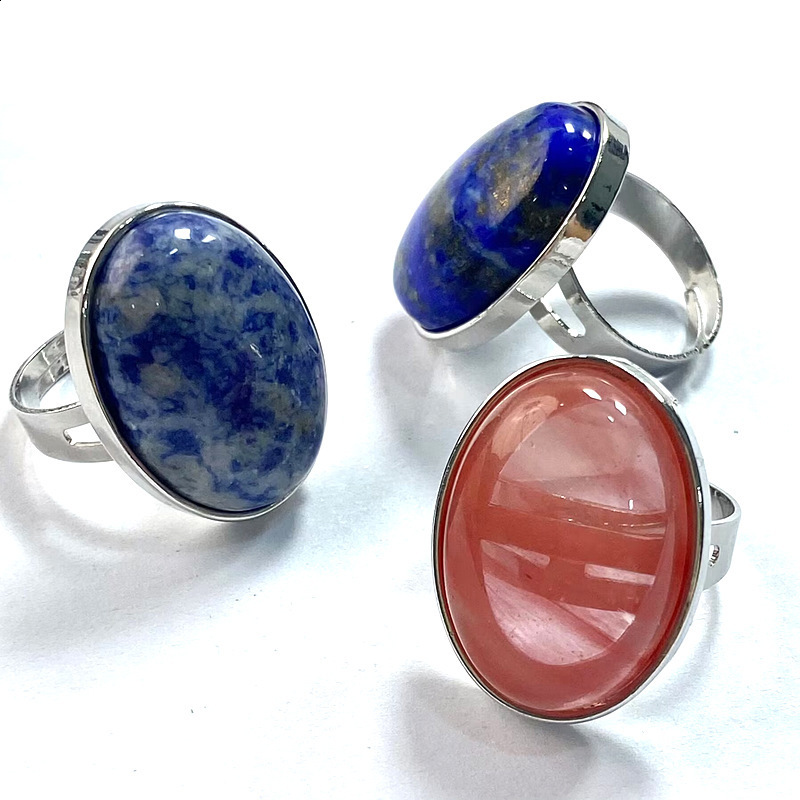 Pink Crystal Finger Ring Natural Stone Oval CAB Cabochon Bead White Opal Rhodonite Malachite Onyx Adjustable Ring For Women Man 251009