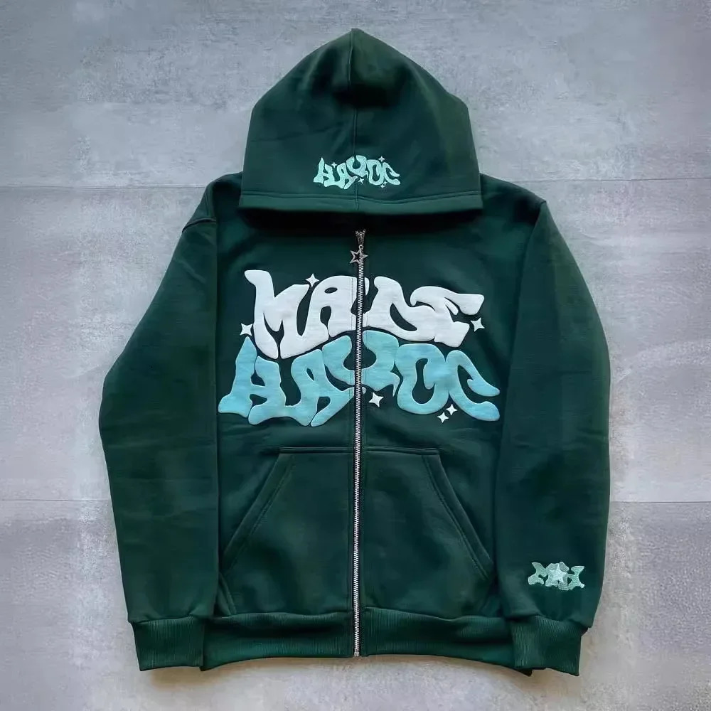 Mens Retro American Letter Zipper Printed Hooded Sweatshirt Unisex Autumn and Winter Open Cardigan y260611 - view 4