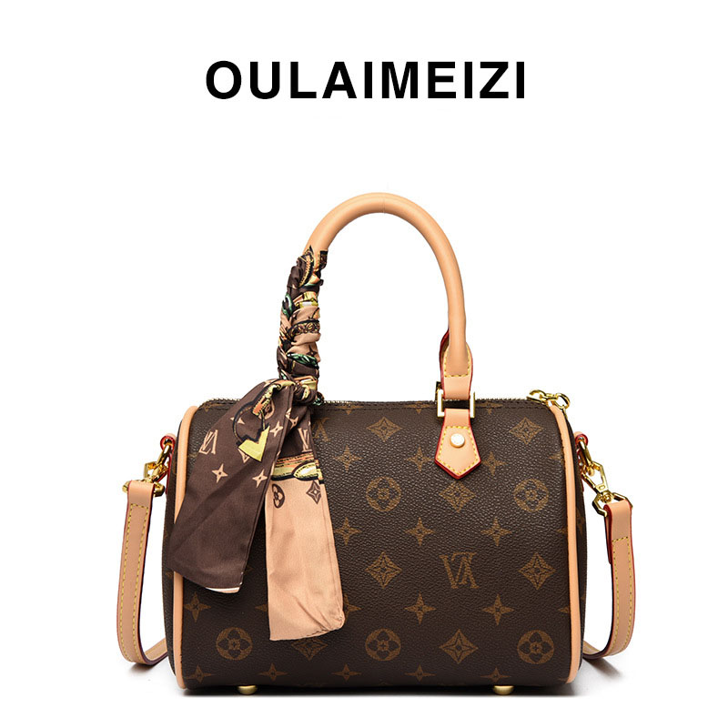 Free delivery designer bag Vintage Monogram Print Boston Cylinder Women Handheld Crossbody 2 in 1 Pillow Bag With Silk Scarf Pendant