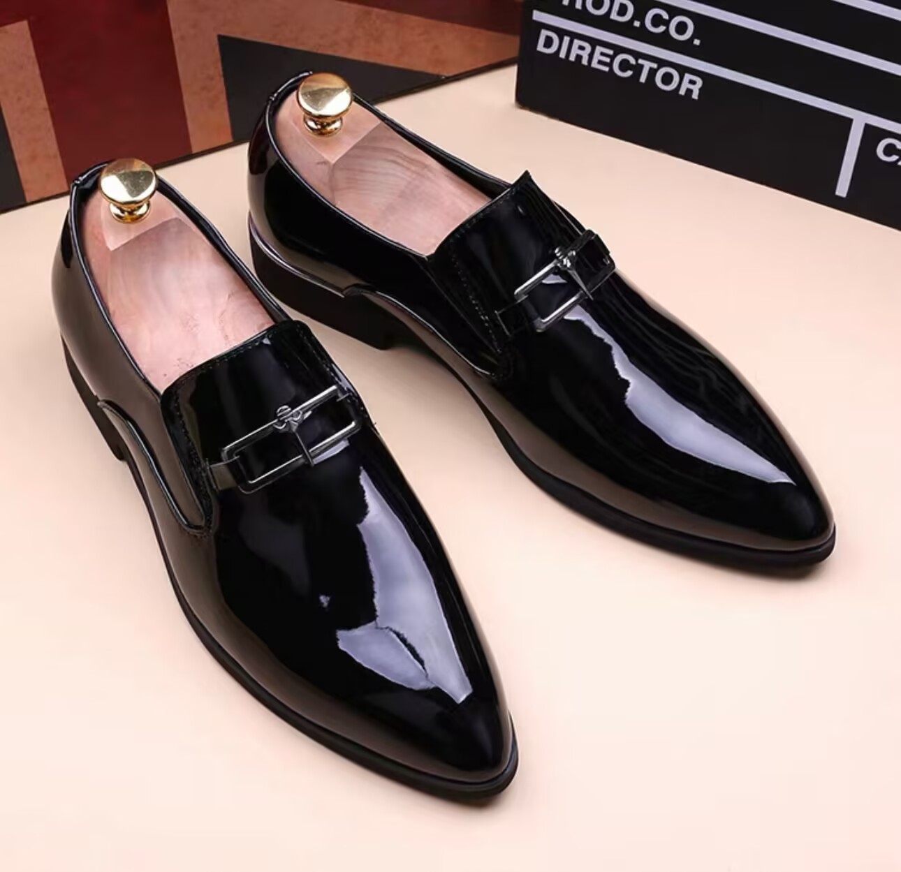 Men's Fashion Patent Leather Wedding Party Loafers - Black/Red Slip-On Pointed Toe Shoes H260622