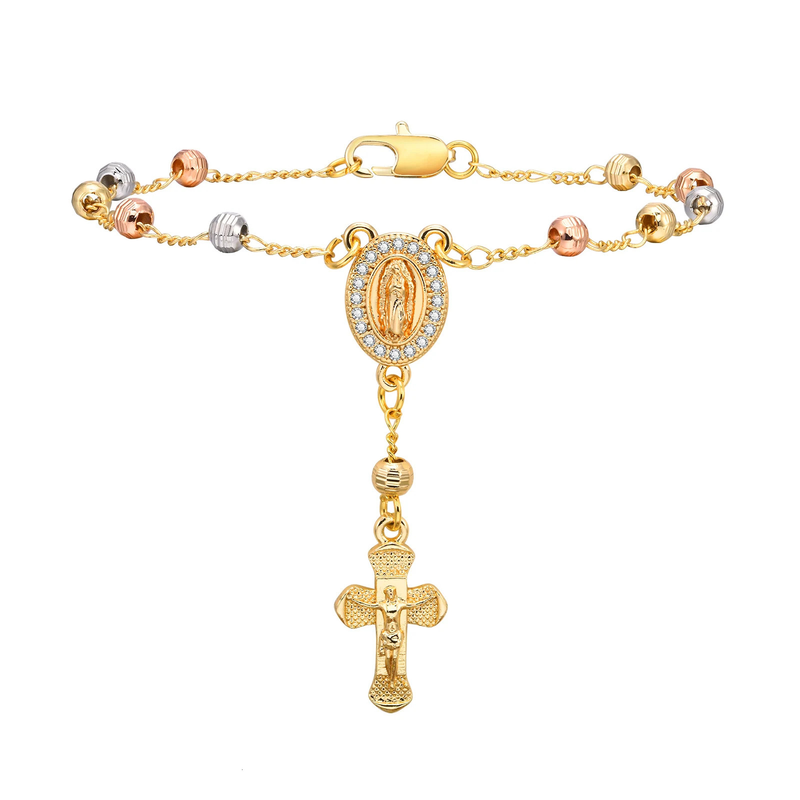Bracciale Croce Con Perline Del Rosario Della Vergine Maria Da Donna Catena Tri…