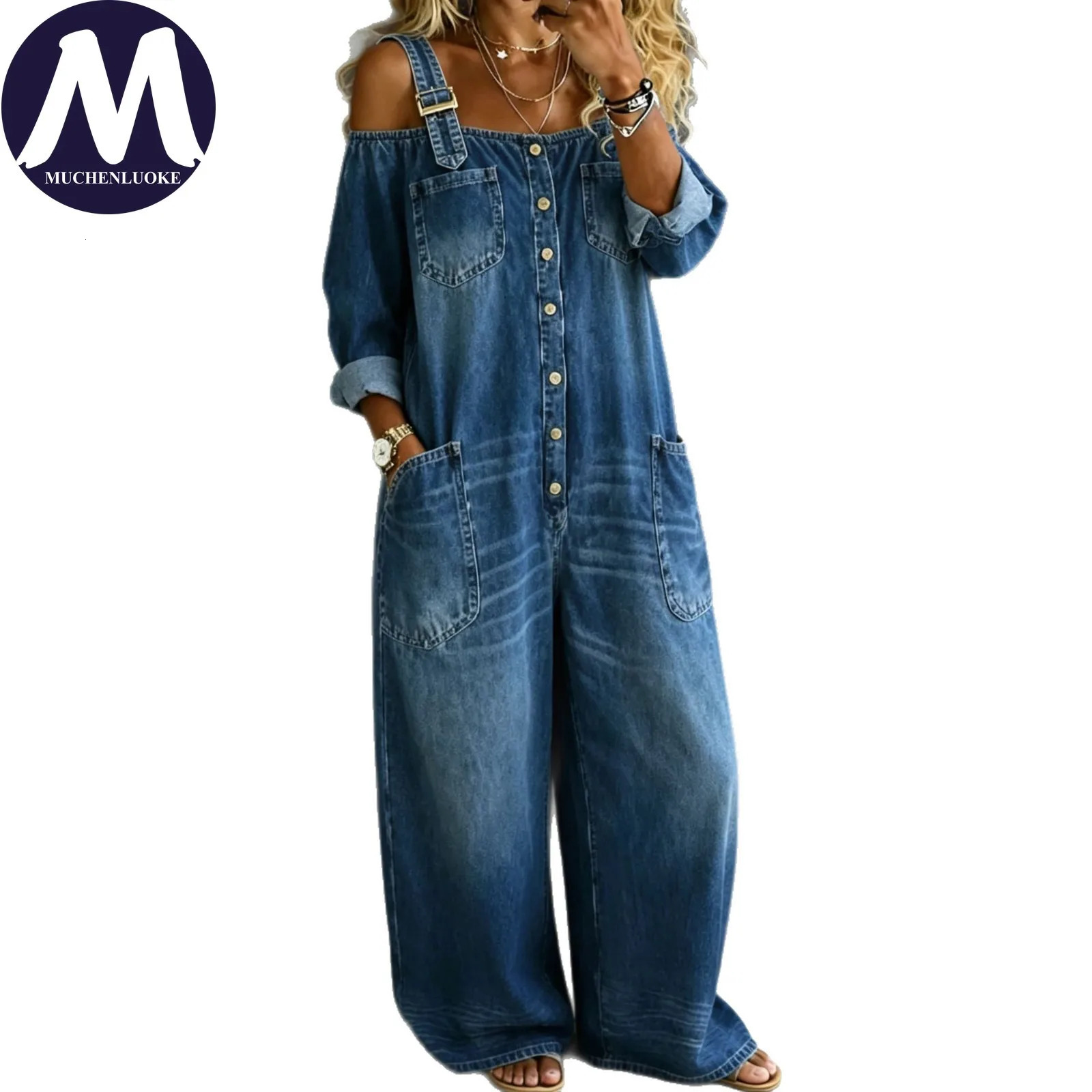 Elegant OffTheShoulder Umpsuits for Women Summer Fashionable Casual Loose Denim Jumpsuit SingleBreasted Overalls 260622 - view 7
