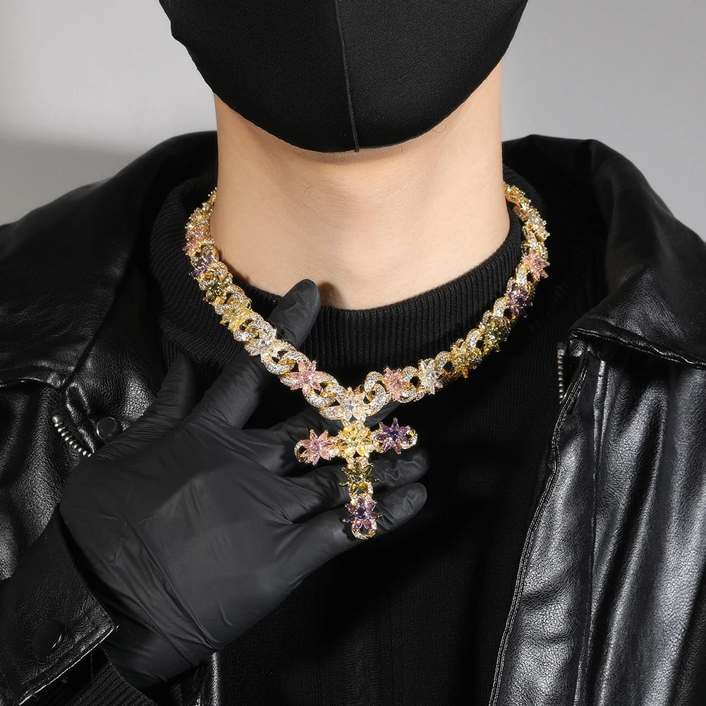 UWIN Colorful Flower Cross Pendant with Cuban Chain Necklaces Iced Out Cubic Zirconia Hip Hop Jewelry for Gift 260622 - view 7