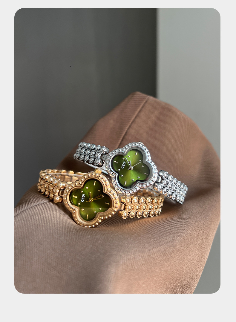 Luxury Womens Clover Bracelet Watch Vintage Quartz Wristwatch Waterproof Jewelry Style Brand Designer Fashion Accessory Gold Silver Floral Dial Elegan - view 8