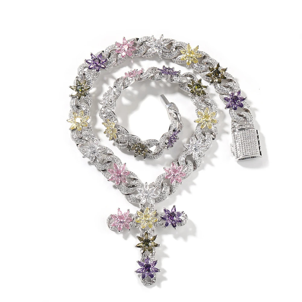 UWIN Colorful Flower Cross Pendant with Cuban Chain Necklaces Iced Out Cubic Zirconia Hip Hop Jewelry for Gift 260622 - view 6