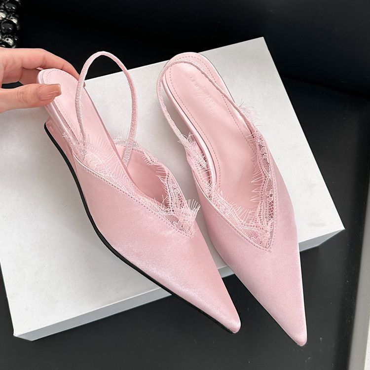 Pointed Sandals Spring Style Pointed Head Shallow Mouth Lace Edge Set Foot Anti-slip Wear-resistant Heel Shoes 250415