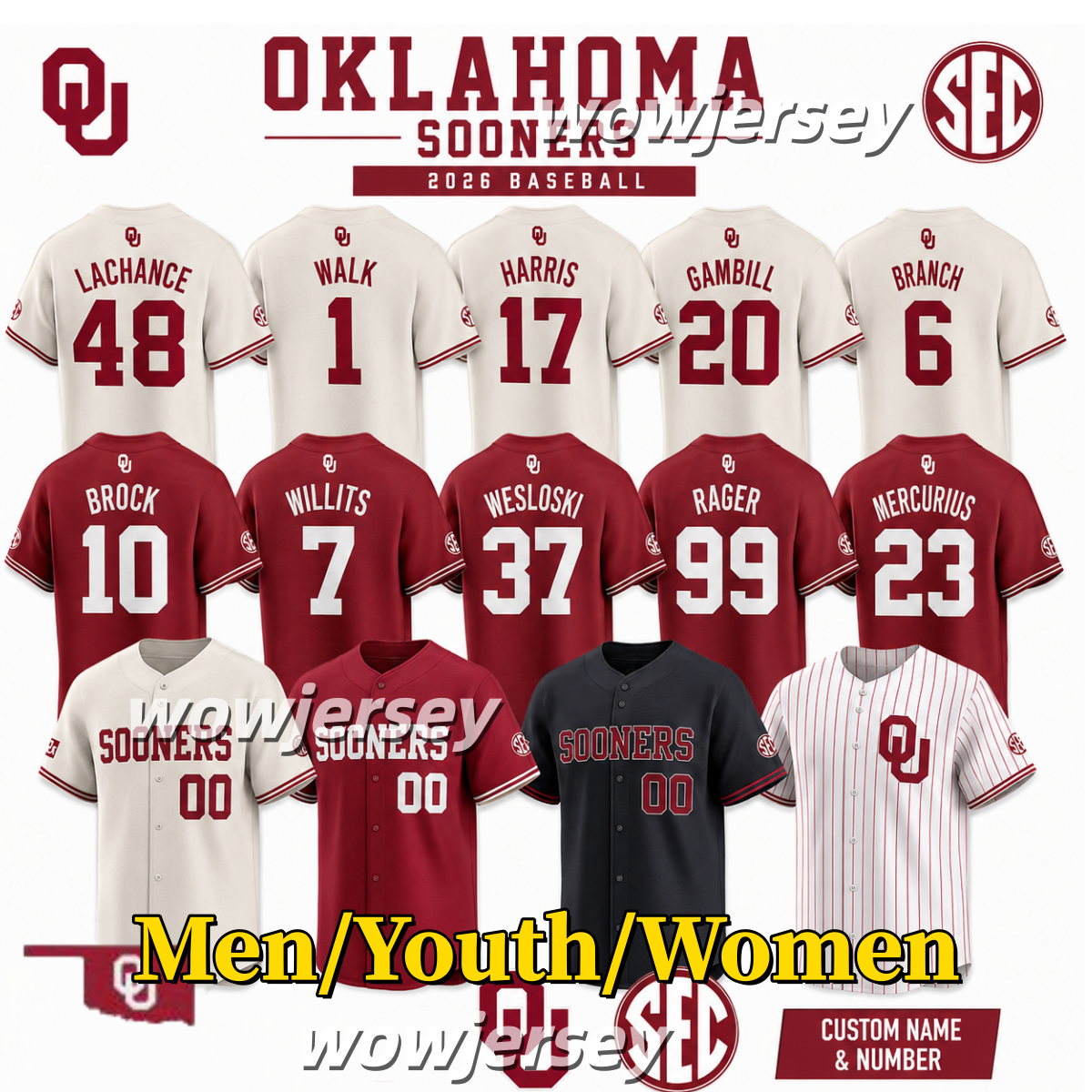 Oklahoma Sooners Deiten Lachance Maglia Da Baseball Jason Walk Dasan Harris Tre…