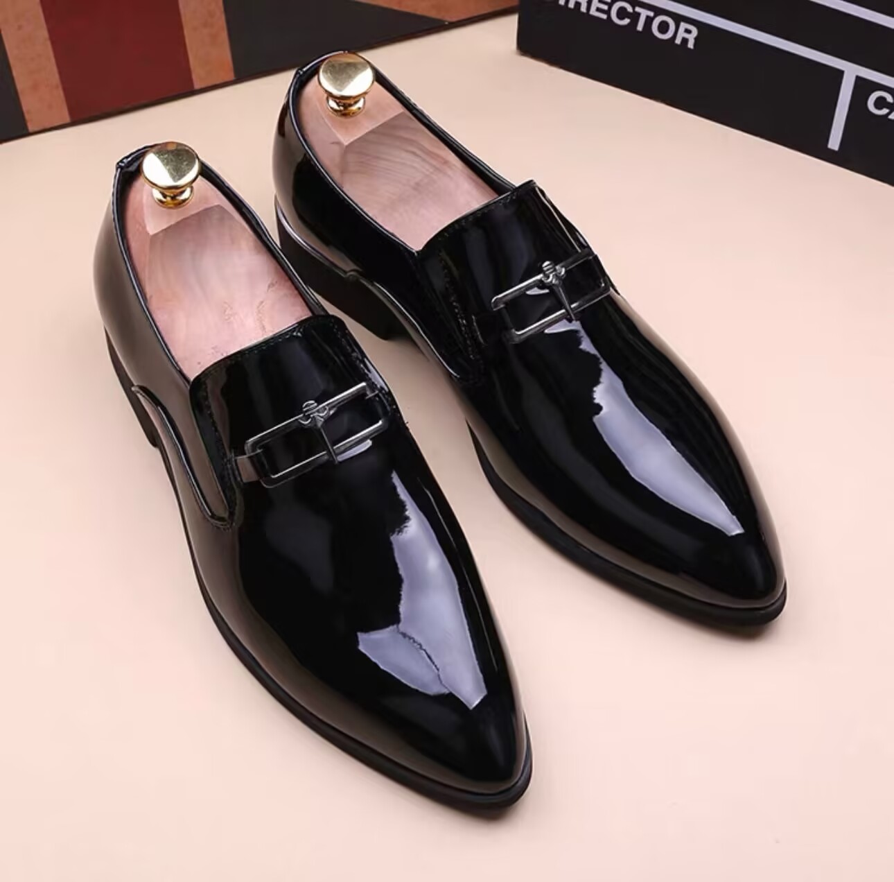 Men's Fashion Patent Leather Wedding Party Loafers - Black/Red Slip-On Pointed Toe Shoes H260622