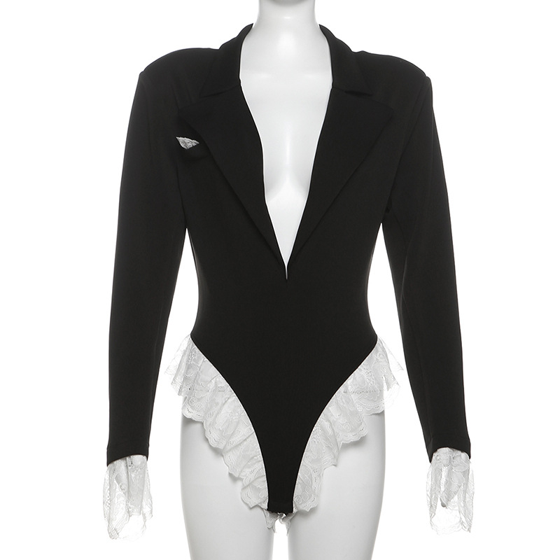 Women's Jumpsuits Sexy Lapel Deep V Lace Bodysuit Contrast Color Long Sleeve Slim Fit Club Outfit - view 8