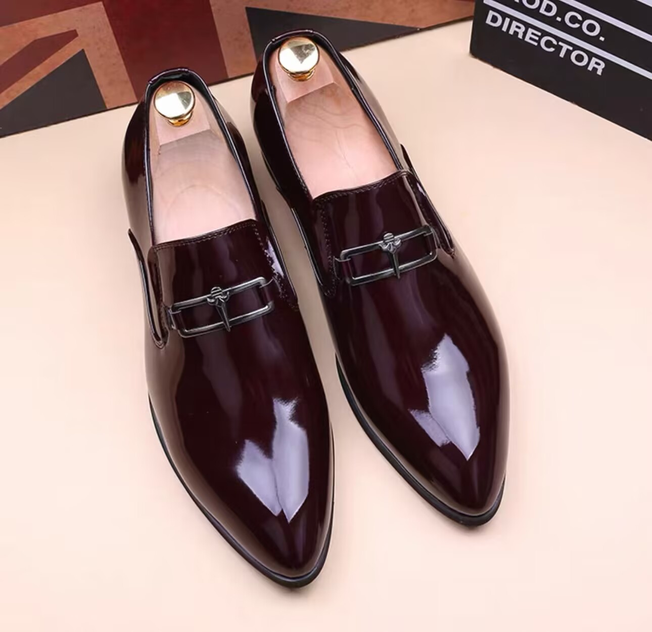 Men's Fashion Patent Leather Wedding Party Loafers - Black/Red Slip-On Pointed Toe Shoes H260622