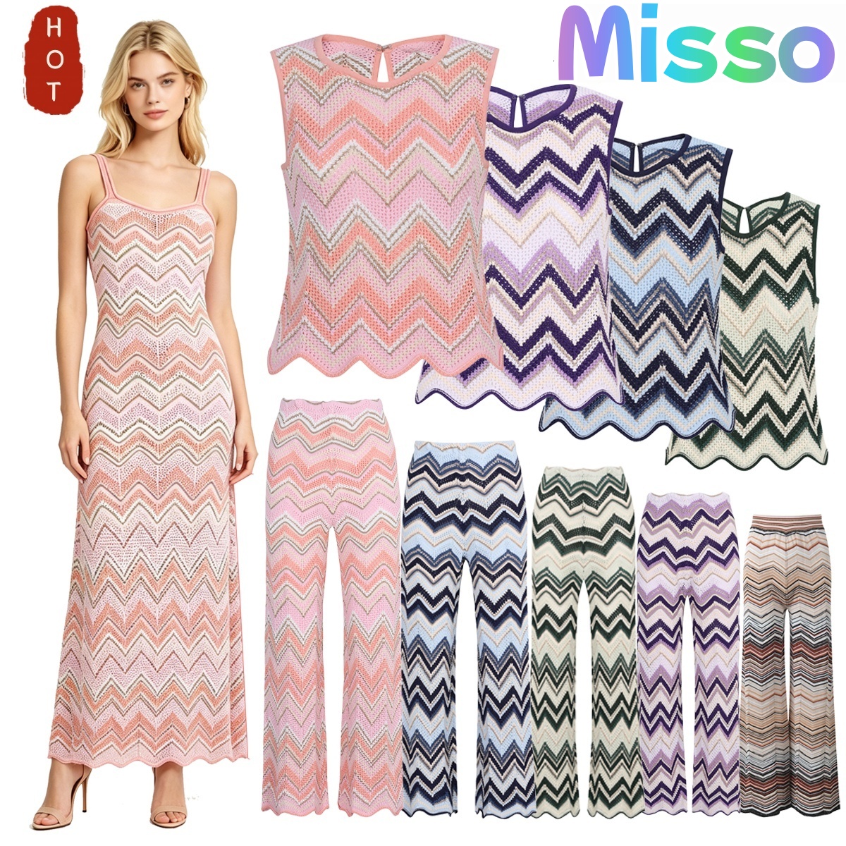 Missonii dress Luxury Designer Hollow Chevron Knit Maxi Matching Top Women Elegant Sling Bodycon Long Dress For Beach Resort