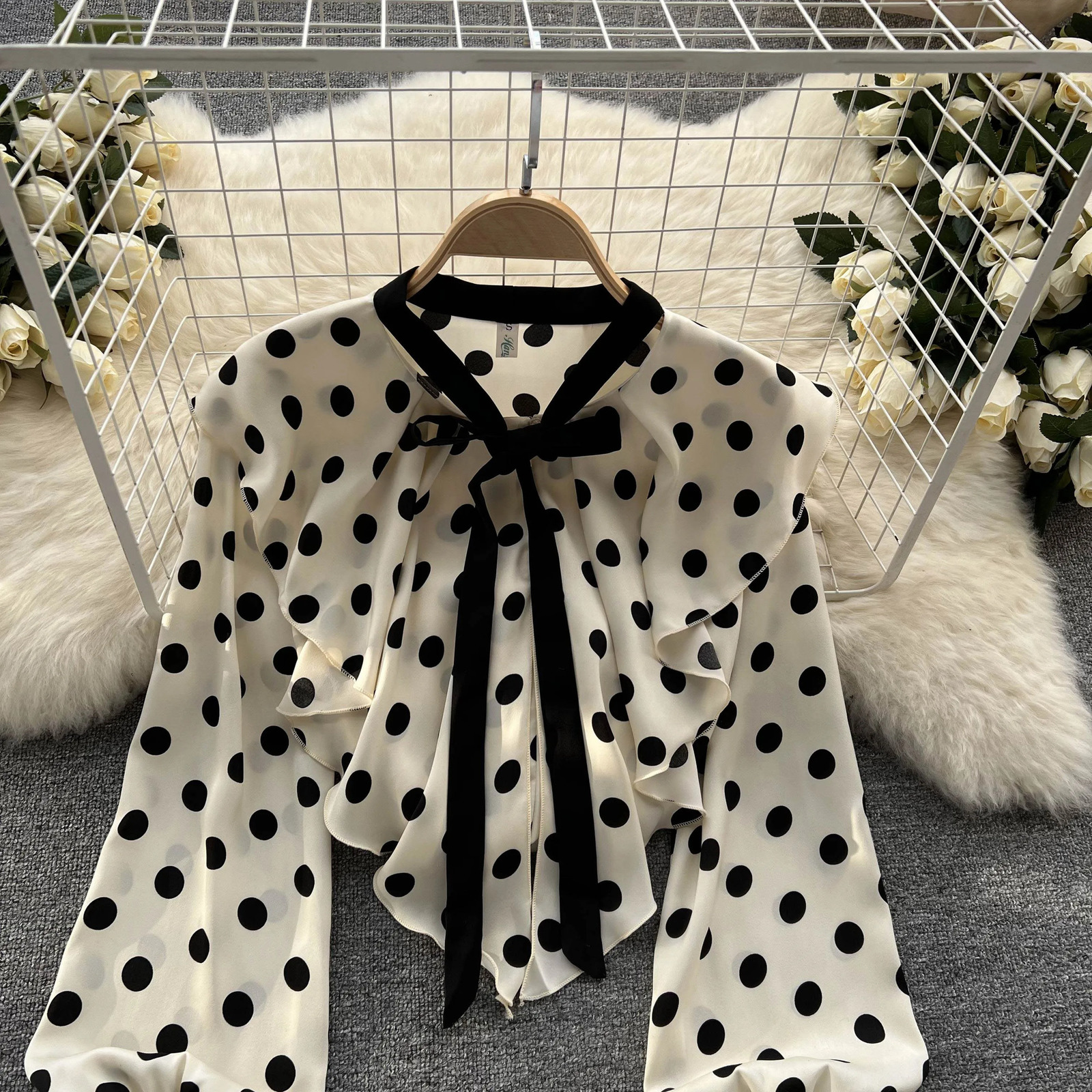 Vintage Polka Dot Long Sleeve Ruffle Casual Slim Sexy Shirt Chic Thin Tees Women Harajuku Streetwear Spring Fashion Crop Top 260618 - view 5