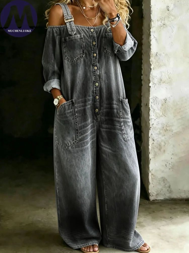 Elegant OffTheShoulder Umpsuits for Women Summer Fashionable Casual Loose Denim Jumpsuit SingleBreasted Overalls 260622 - view 6