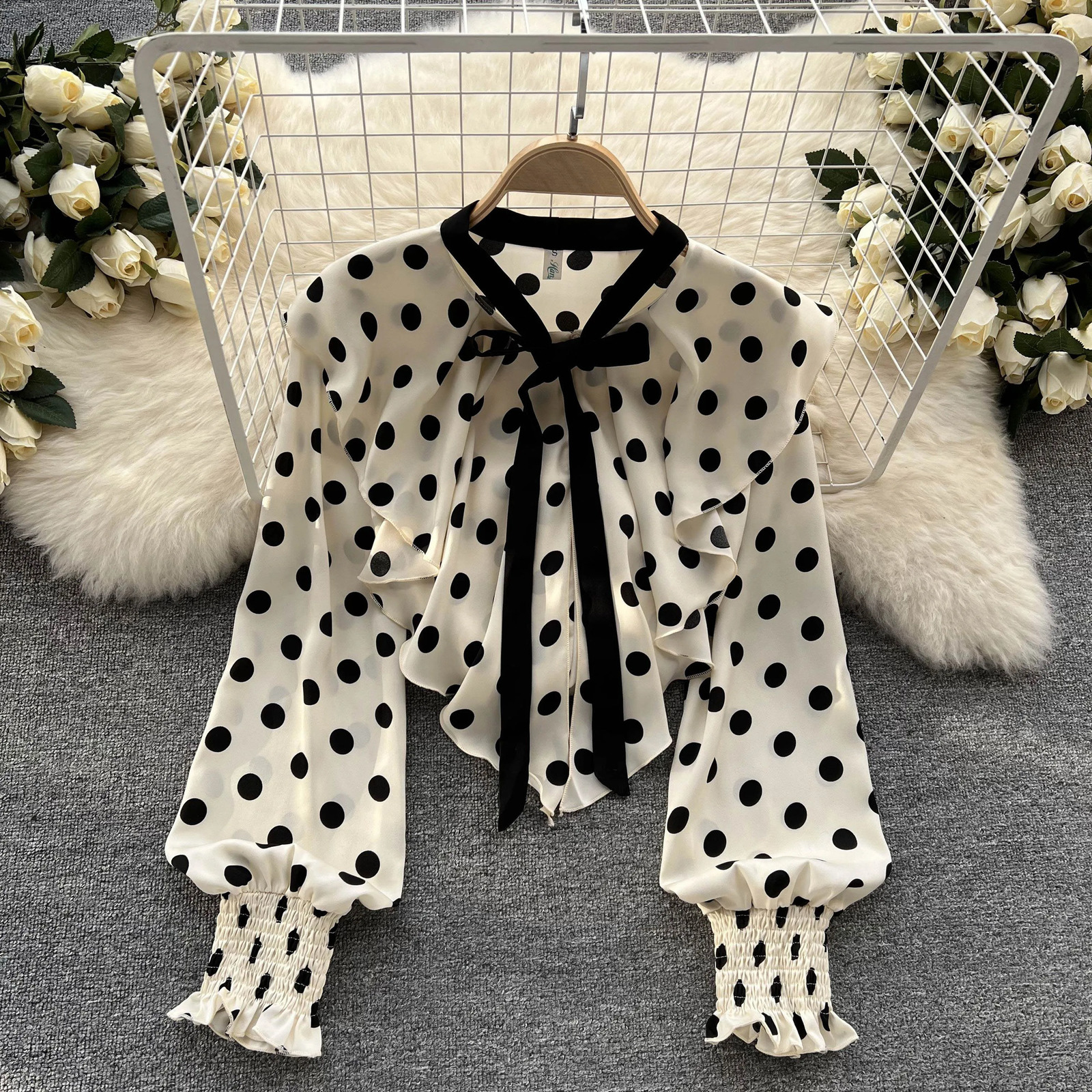 Vintage Polka Dot Long Sleeve Ruffle Casual Slim Sexy Shirt Chic Thin Tees Women Harajuku Streetwear Spring Fashion Crop Top 260618