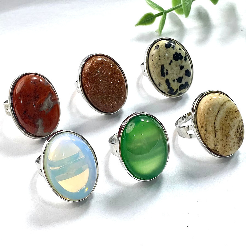 Pink Crystal Finger Ring Natural Stone Oval CAB Cabochon Bead White Opal Rhodonite Malachite Onyx Adjustable Ring For Women Man 251009