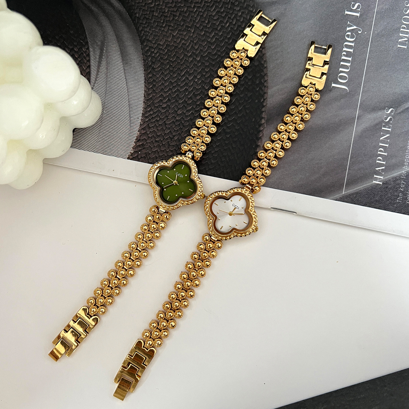 Luxury Womens Clover Bracelet Watch Vintage Quartz Wristwatch Waterproof Jewelry Style Brand Designer Fashion Accessory Gold Silver Floral Dial Elegan - view 6