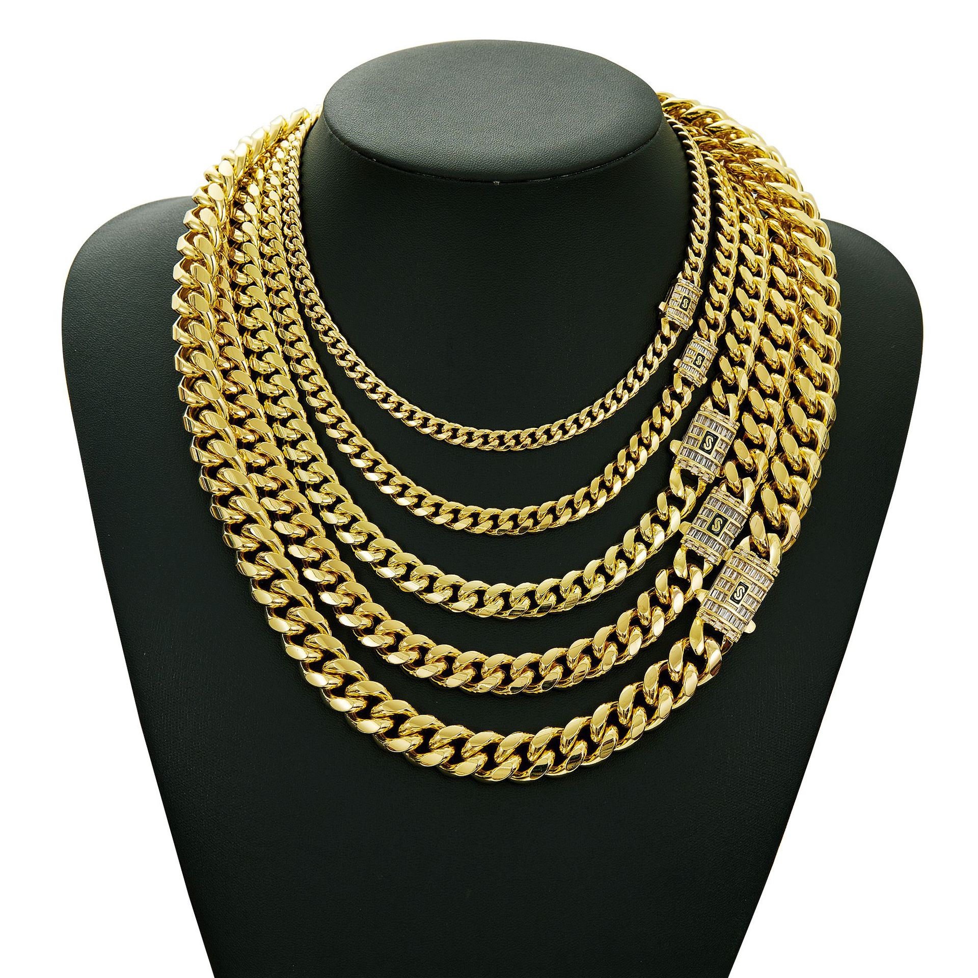 Choucoong Waterproof Titanium Stainless Steel Miami Cuban Chain 18K Gold Fill Men Hip Hop Necklace Iced Screw Box Clasp Punk Street Jewelry For Party  - view 3