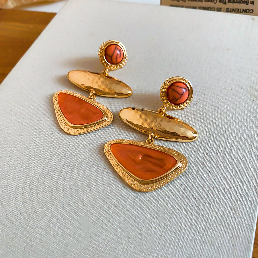 Cross-border European and American style retro color-blocking geometric earrings, light luxury gold hammered orange oil-drip three-layer earrings for - view 5