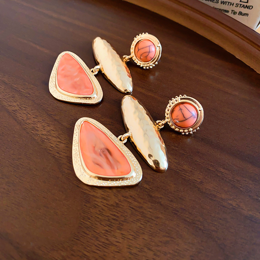 Cross-border European and American style retro color-blocking geometric earrings, light luxury gold hammered orange oil-drip three-layer earrings for - view 3