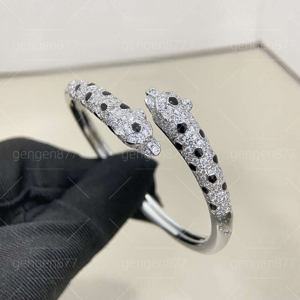Narrow Open Bangle With Double Leopard Head & Spotted Design, Full Diamond Inlaid Fashion Couple Jewelry