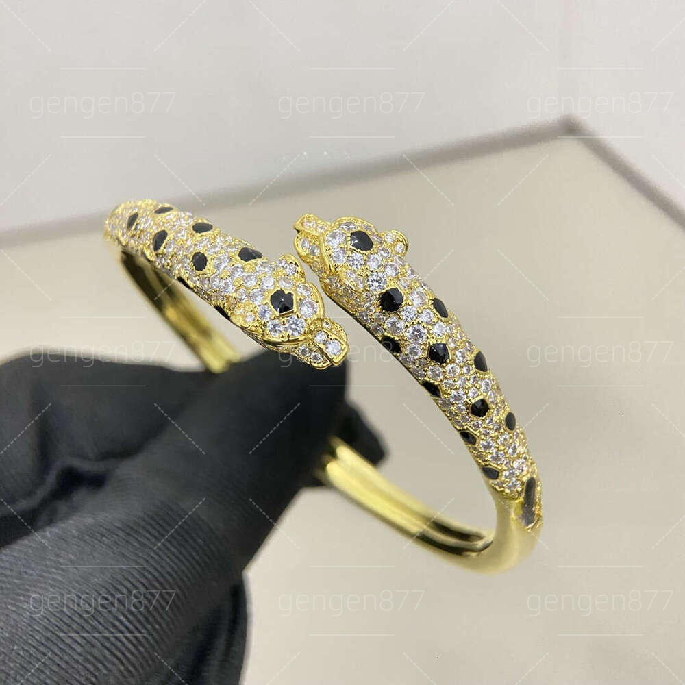 Narrow Open Bangle With Double Leopard Head & Spotted Design, Full Diamond Inlaid Fashion Couple Jewelry