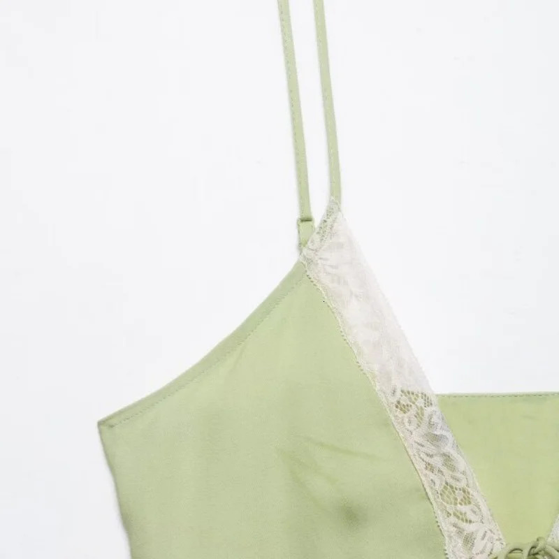 Summer Fresh Green Lace Trim Cami Top Women Tie Front Spaghetti Strap Blouse Boho Beach Vacation Casual Outfit 260622 - view 5