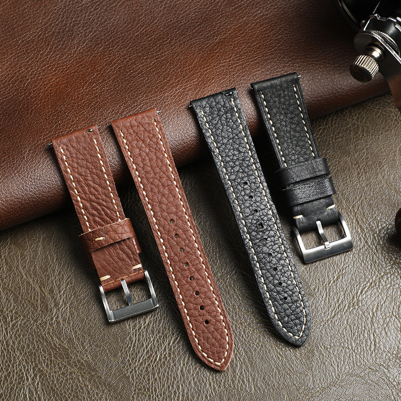 Handmade top-grain leather 20mm22mm lychee pattern cowhide mens leather watch strap with quick-release pins for smart outdoor watches