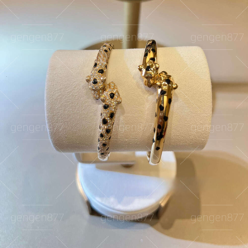 Narrow Open Bangle With Double Leopard Head & Spotted Design, Full Diamond Inlaid Fashion Couple Jewelry