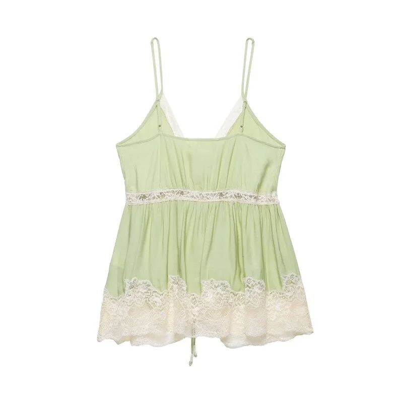 Summer Fresh Green Lace Trim Cami Top Women Tie Front Spaghetti Strap Blouse Boho Beach Vacation Casual Outfit 260622 - view 3