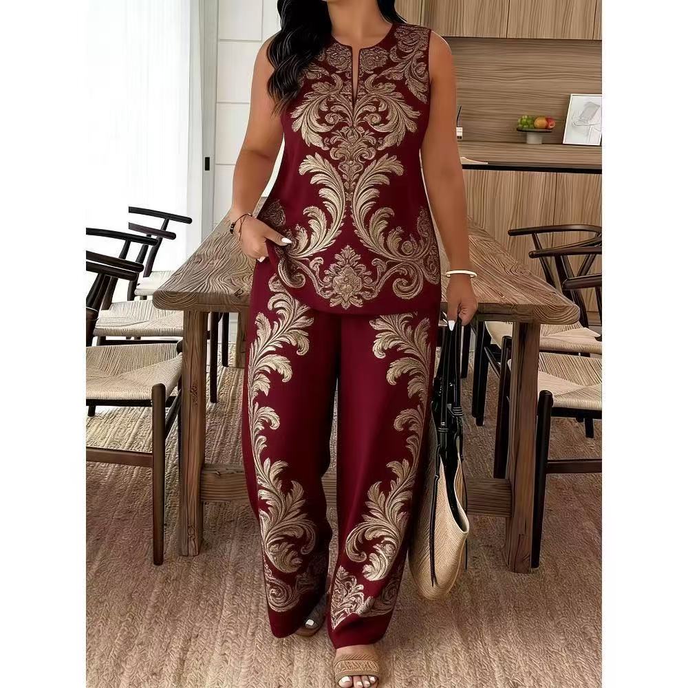 Feather Print Women Tanks Pants Sets Colorful Sleeveless Oneck Vest Top Straight Trousers Suits 2 Pieces Chic Street Outfits 250709