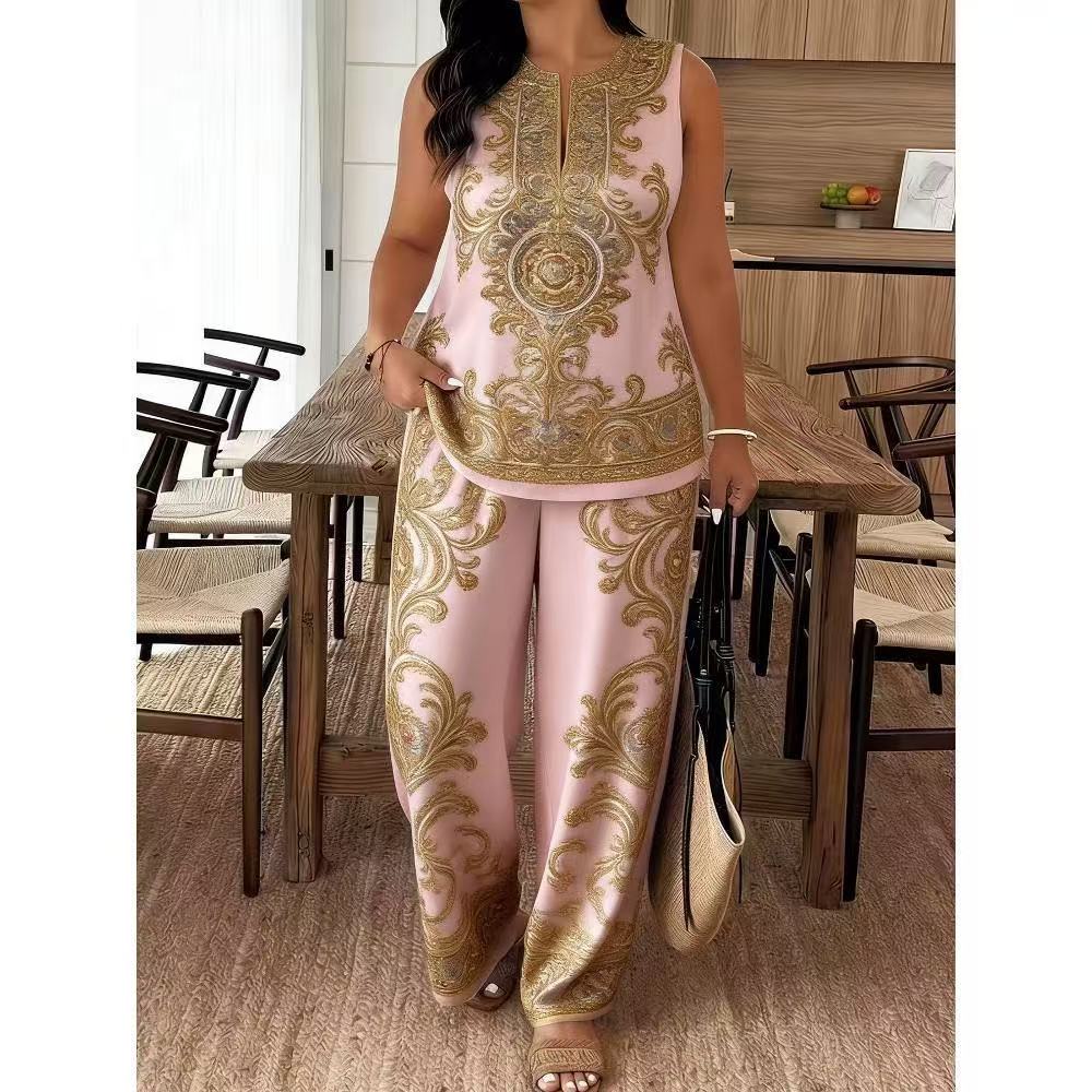 Feather Print Women Tanks Pants Sets Colorful Sleeveless Oneck Vest Top Straight Trousers Suits 2 Pieces Chic Street Outfits 250709