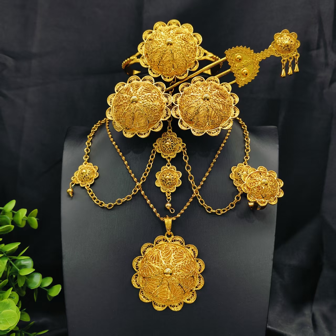 Luxury Ethiopian 24k Gold Color 6pcs Jewelry Sets For Women Dubai Big Flower Shape Nigerian Necklace Jewellery Set Gift Wedding