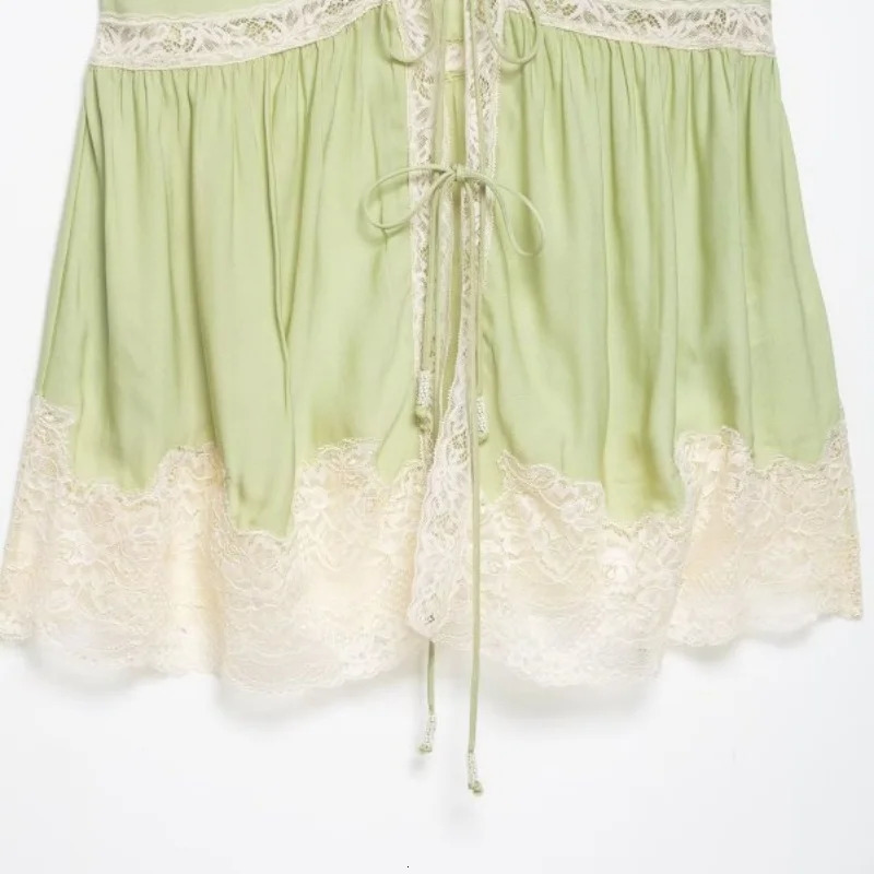 Summer Fresh Green Lace Trim Cami Top Women Tie Front Spaghetti Strap Blouse Boho Beach Vacation Casual Outfit 260622 - view 7