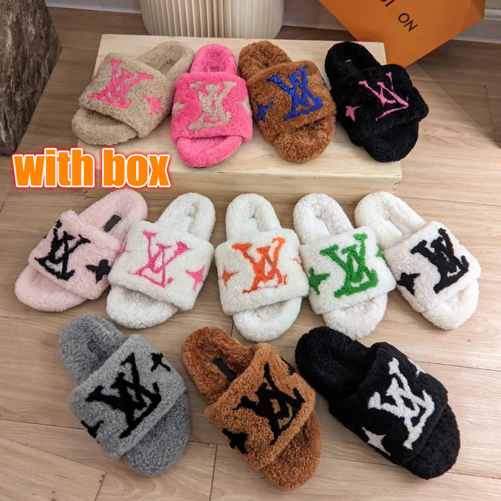 Designer Shoes Women Cozy Plush Shearling Slippers Classic Monogram Embroidery Fluffy Open Toe Fur Slides Non-slip Sole Warm Home Casual Walking Sandals