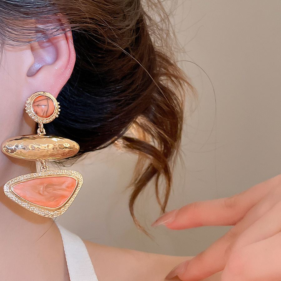 Cross-border European and American style retro color-blocking geometric earrings, light luxury gold hammered orange oil-drip three-layer earrings for - view 4