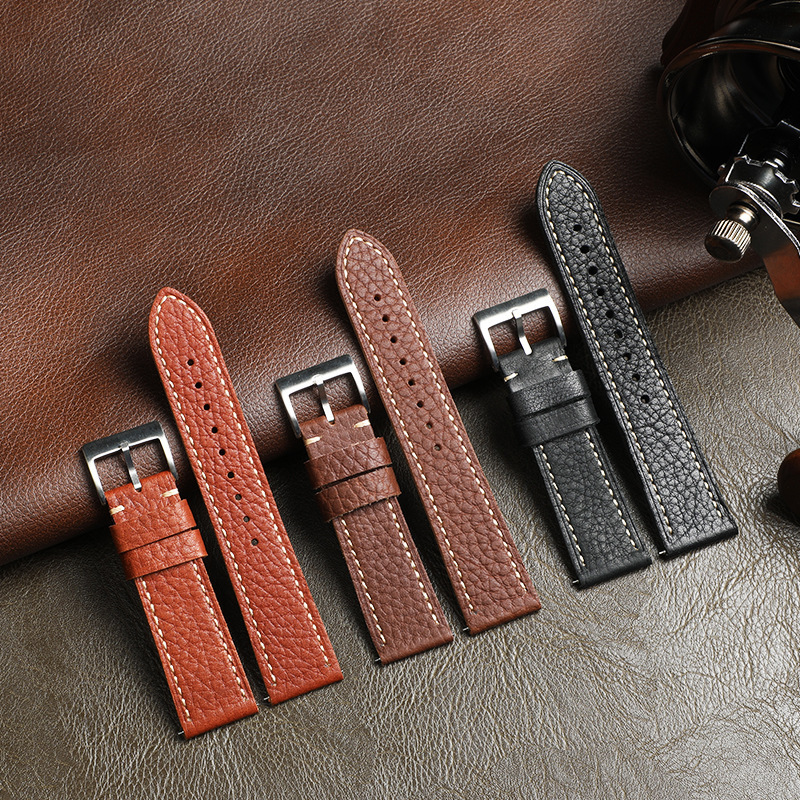 Handmade top-grain leather 20mm22mm lychee pattern cowhide mens leather watch strap with quick-release pins for smart outdoor watches