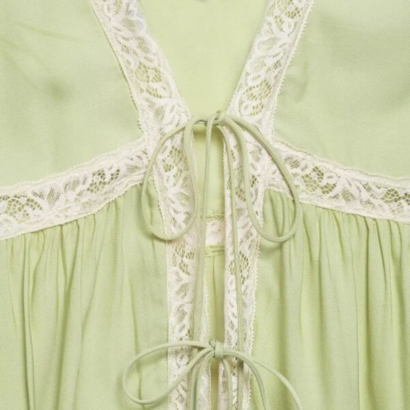 Summer Fresh Green Lace Trim Cami Top Women Tie Front Spaghetti Strap Blouse Boho Beach Vacation Casual Outfit 260622 - view 6