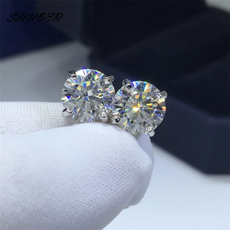 18K White Gold Pt950 Platinum Total Carat Round Brilliant Cut Pass Diamond Tester D Color 4 Prongs Stud Earrings 260622