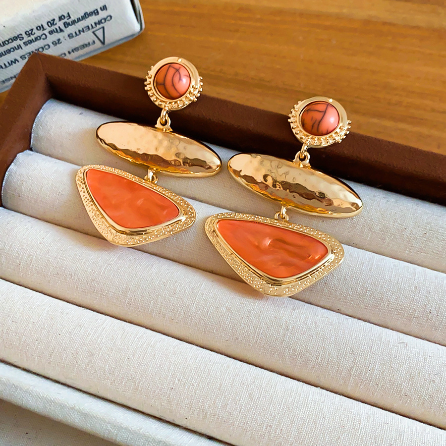 Cross-border European and American style retro color-blocking geometric earrings, light luxury gold hammered orange oil-drip three-layer earrings for - view 7