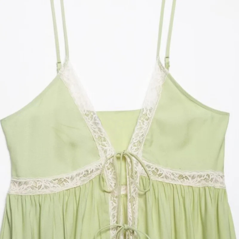 Summer Fresh Green Lace Trim Cami Top Women Tie Front Spaghetti Strap Blouse Boho Beach Vacation Casual Outfit 260622 - view 4
