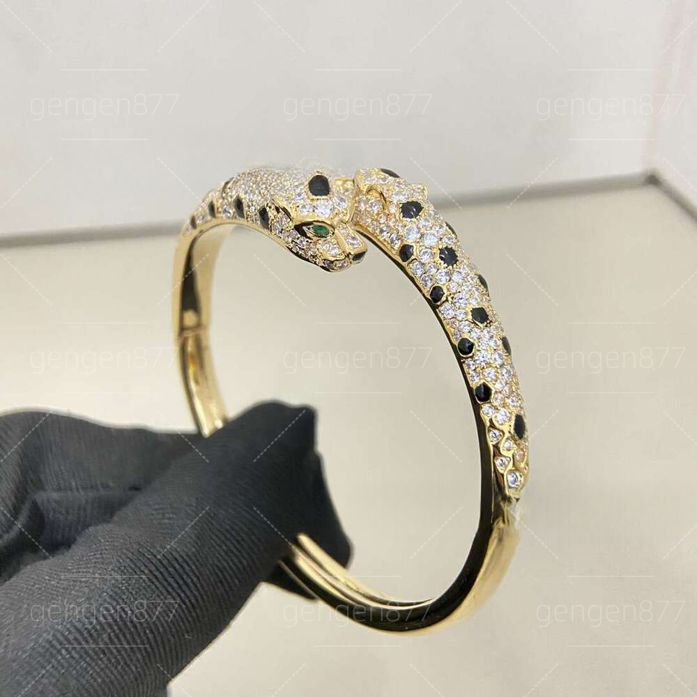 Narrow Open Bangle With Double Leopard Head & Spotted Design, Full Diamond Inlaid Fashion Couple Jewelry