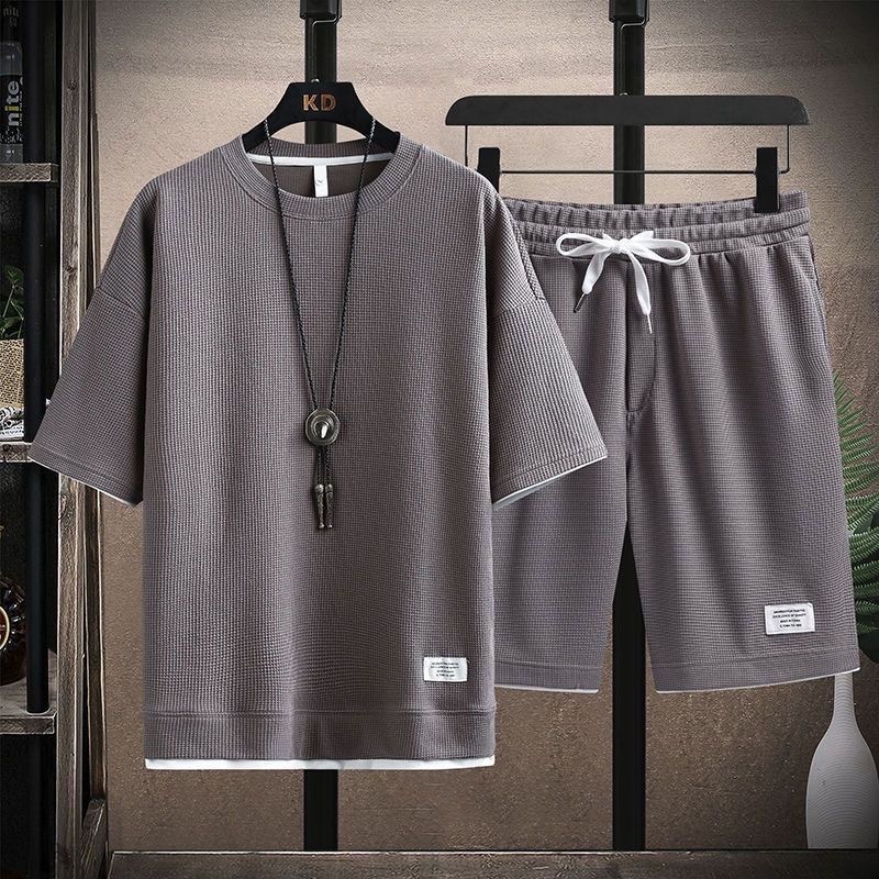 Waffle knit Tshirt for men shortsleeved ice silk summer set stylish casual sportswear pants sports suit 250625