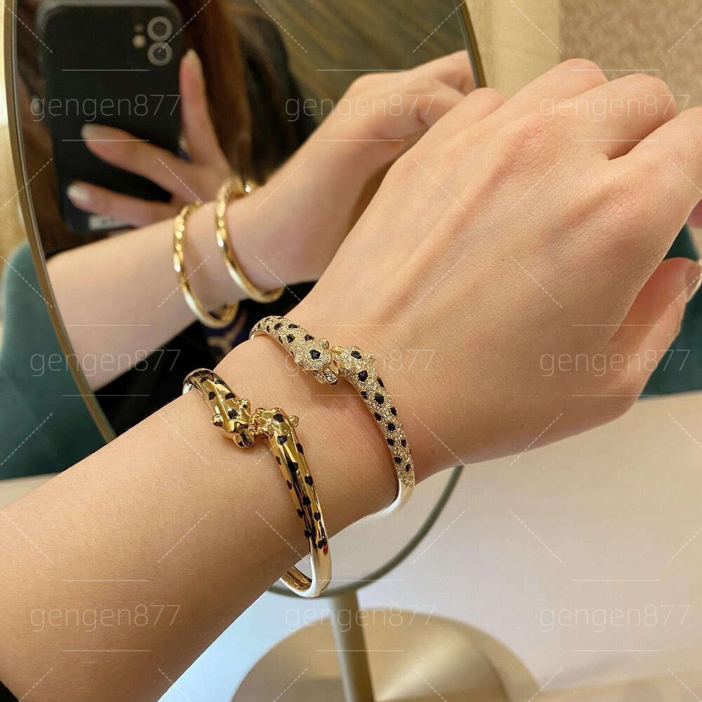 Narrow Open Bangle With Double Leopard Head & Spotted Design, Full Diamond Inlaid Fashion Couple Jewelry