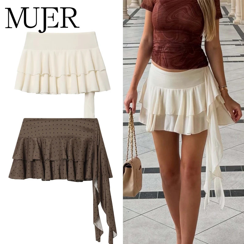 MUJER Pleated Mini Skirt Women Polka Dot Skorts for Womens Skirts Ruffle Mid Waist Layered Short Woman 260626