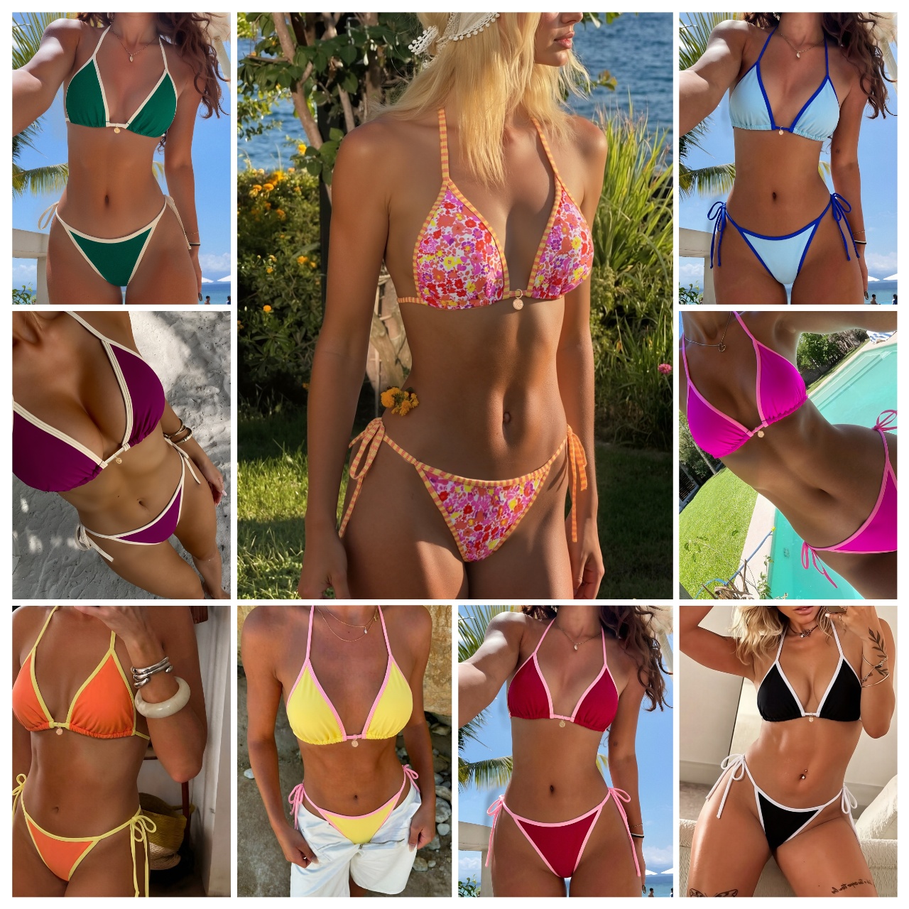 Women's Swimwear 2026 Arrival Sexy Bikini Set Two Piece Swimsuit With Color Blocking Edge Tie Side Cross Back For Beach Pool