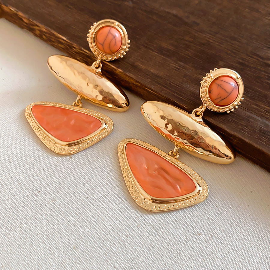 Cross-border European and American style retro color-blocking geometric earrings, light luxury gold hammered orange oil-drip three-layer earrings for - view 9