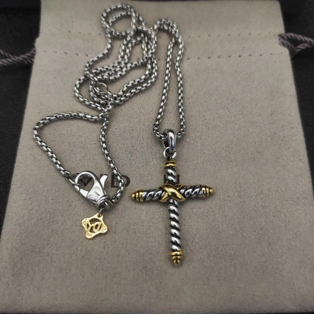 Luxury Vintage Twisted Cable Cross Necklace 925 Silver Designer Pendant Necklace Punk Unisex Classic Cross Necklace Jewelry Gift for Men Women with Logo