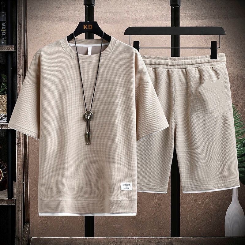 Waffle knit Tshirt for men shortsleeved ice silk summer set stylish casual sportswear pants sports suit 250625